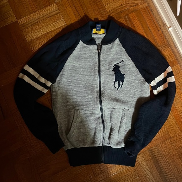 Polo Ralph Lauren Gray and Navy LARGE Polo man full zippered sweater size 8 - Picture 3 of 6